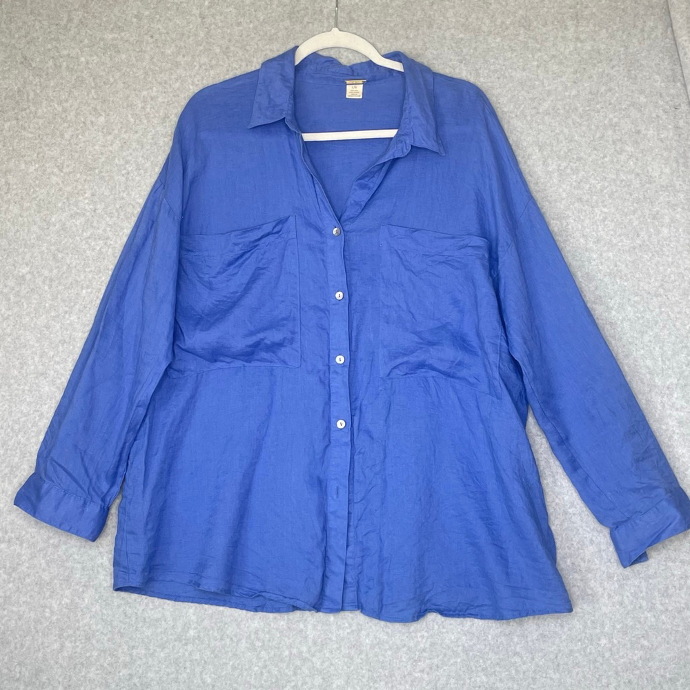 Magaschoni Blue 100% Linen Button Front Shirt – Women's L/G #AR